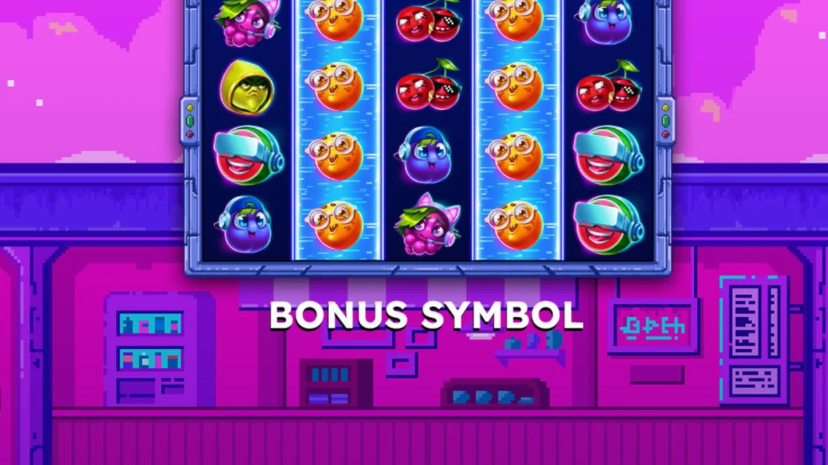 Tampilan visual retro dari slot Frooty Troupe dengan karakter buah piksel yang ceria.