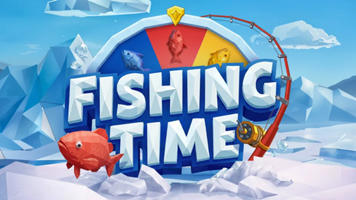 Tampilan visual permainan Fishing Time dengan tema memancing di es